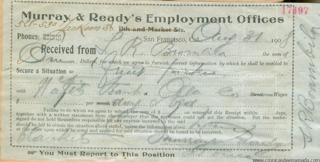 Salvador solicita empleo en San Francisco, California en 1908